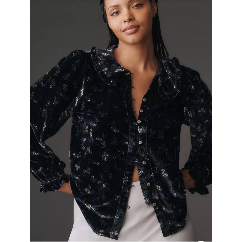 Anthropologie Pilcro KEIRA Black Floral Velvet Peter Pan Collar Blouse XS Witchy